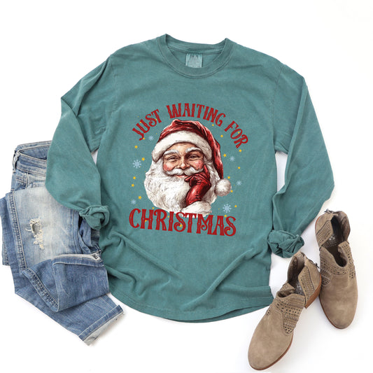 Just Waiting For Christmas Santa | Garment Dyed Long Sleeve