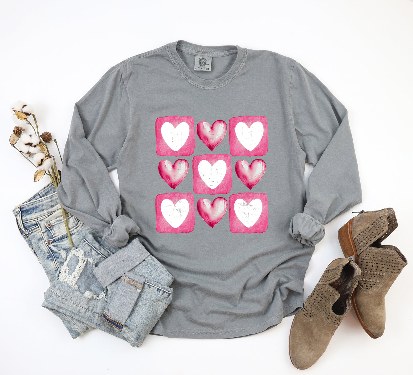 Pink Heart Grid | Garment Dyed Long Sleeve