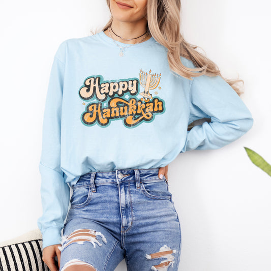 Retro Happy Hanukkah Distressed | Garment Dyed Long Sleeve