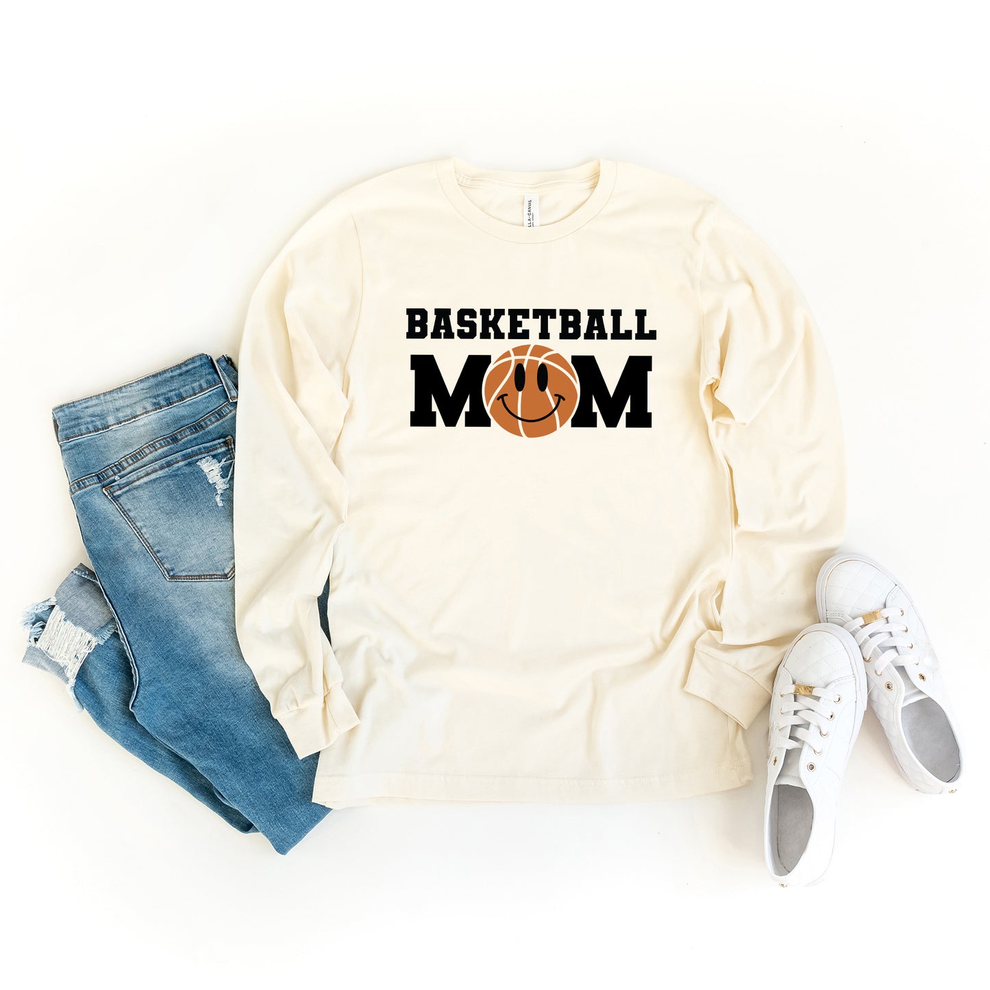 Basketball Mom Smiley Face | Long Sleeve Crew Neck