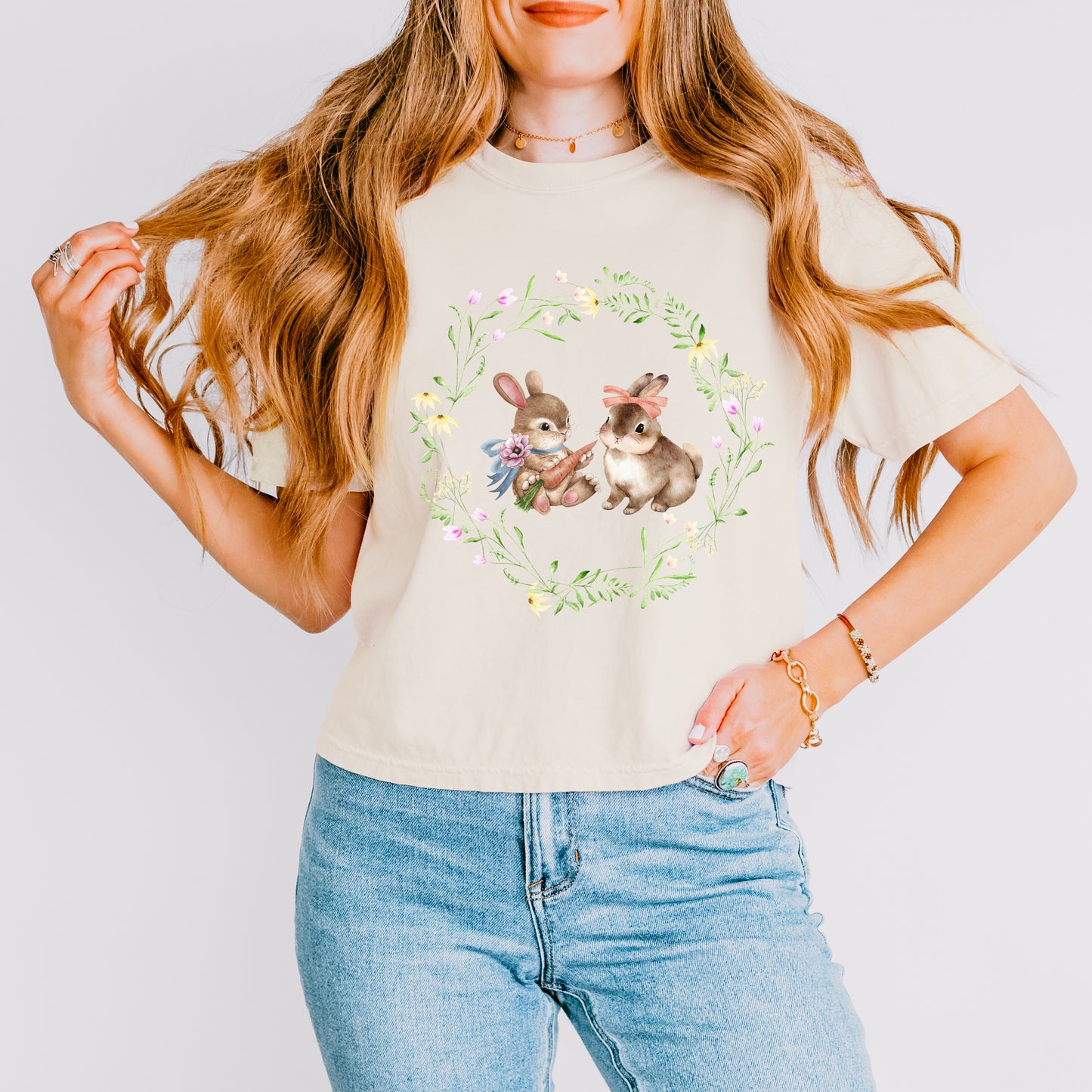 Bunnies Floral Wreath | Relaxed Fit Cropped Tee