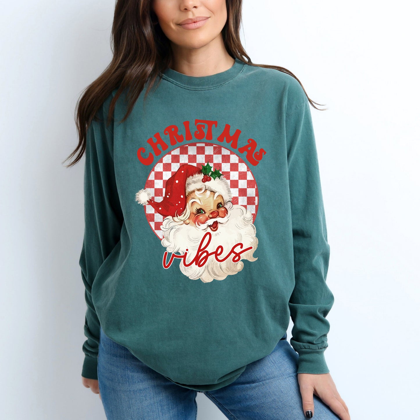 Christmas Vibes Santa Checkered | Garment Dyed Long Sleeve