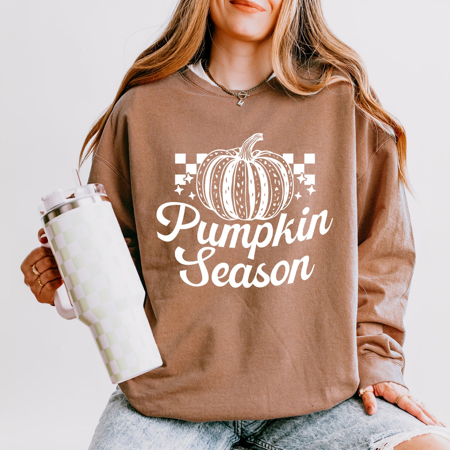 Checkered Pumpkin Season Cursive | Lightweight Garment Dyed Sweatshirt