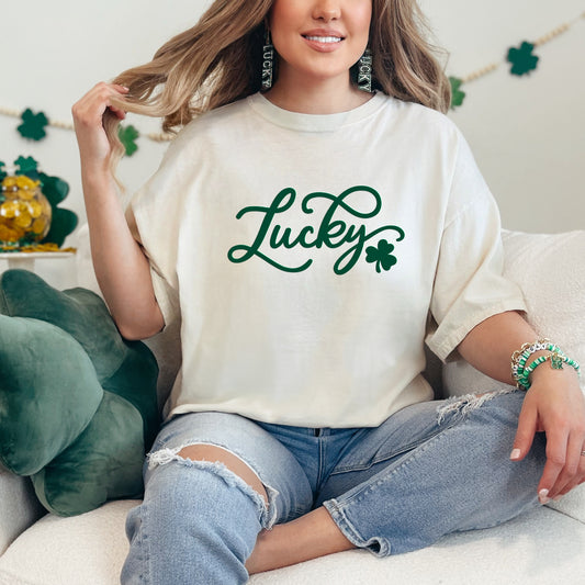 Cursive Lucky Clover Puff Print | Garment Dyed Tee