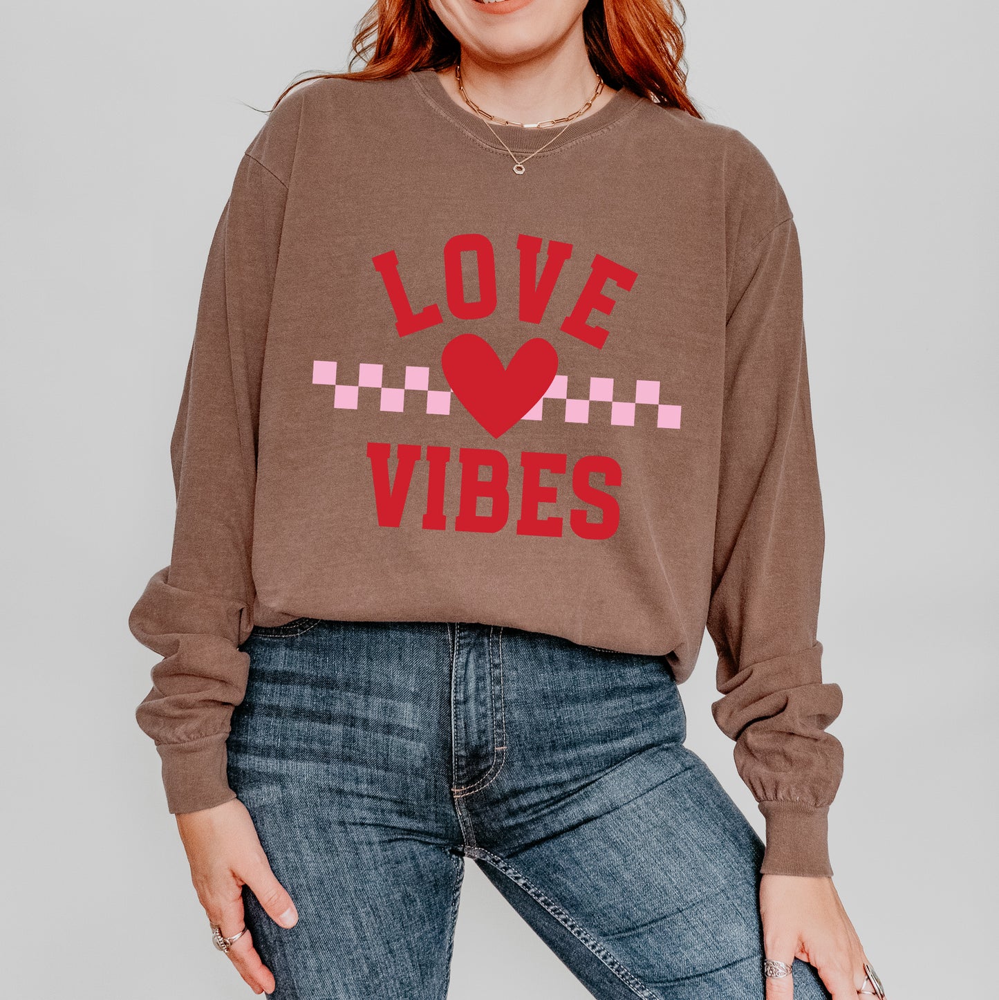 Love Vibes Heart Checkered | Garment Dyed Long Sleeve