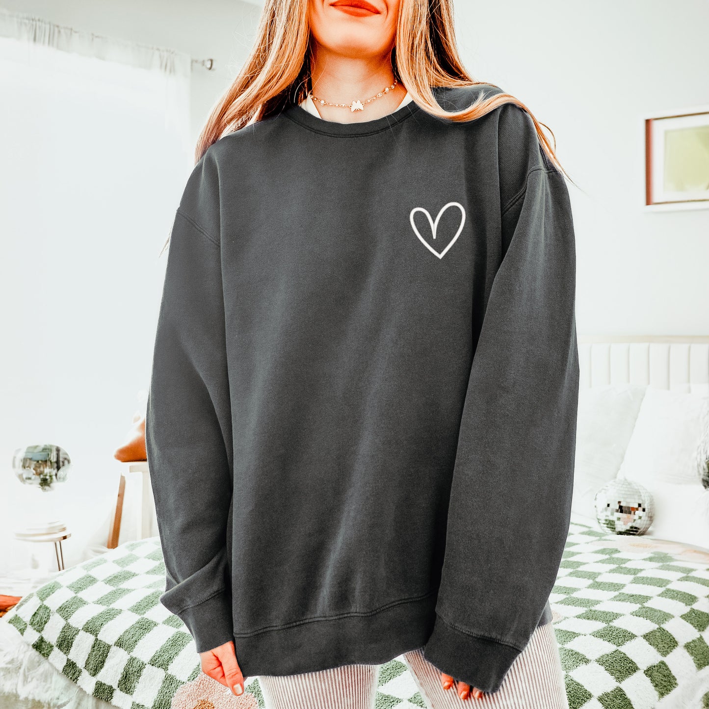 Embroidered Hand Drawn Heart | Lightweight Garment Dyed Sweatshirt