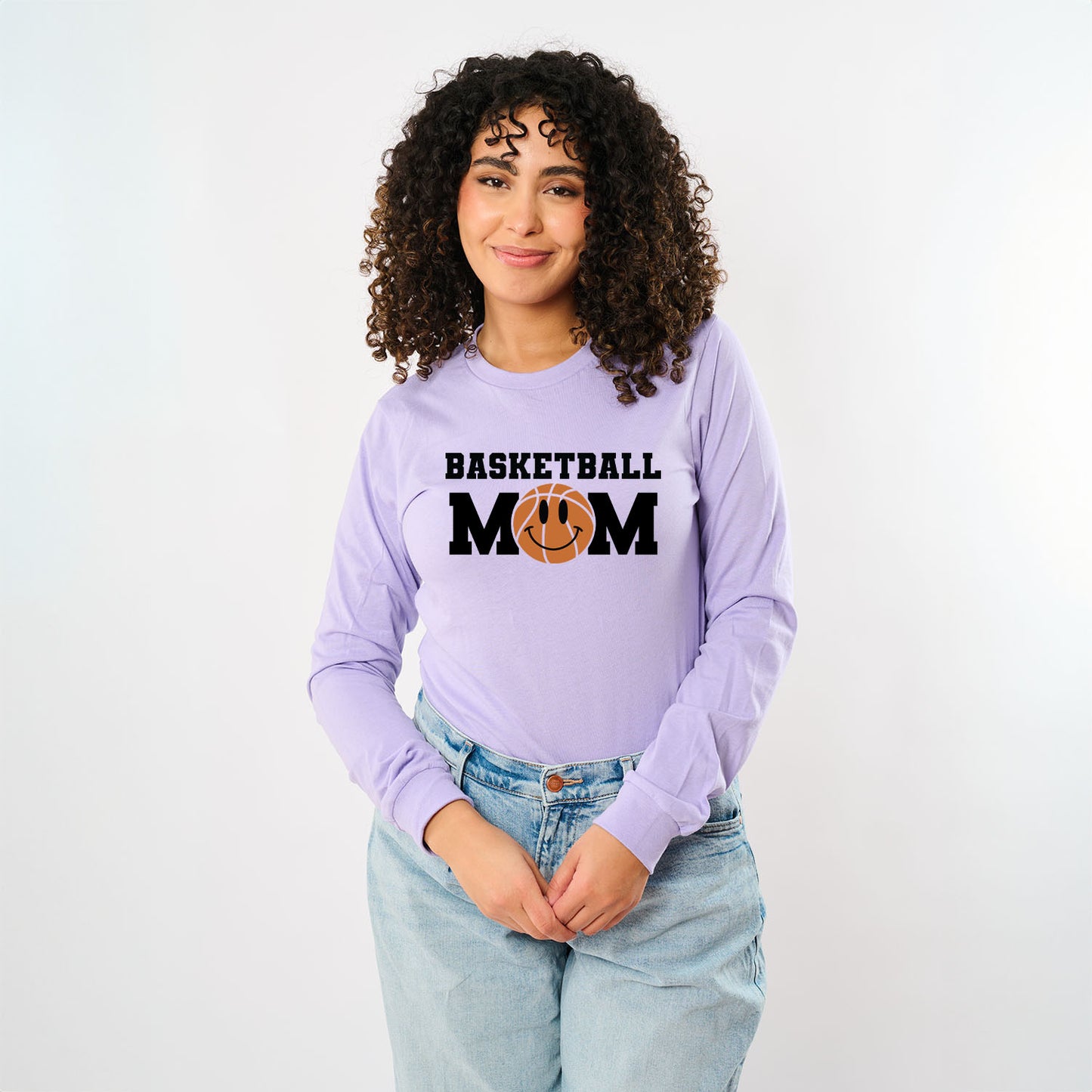 Basketball Mom Smiley Face | Long Sleeve Crew Neck