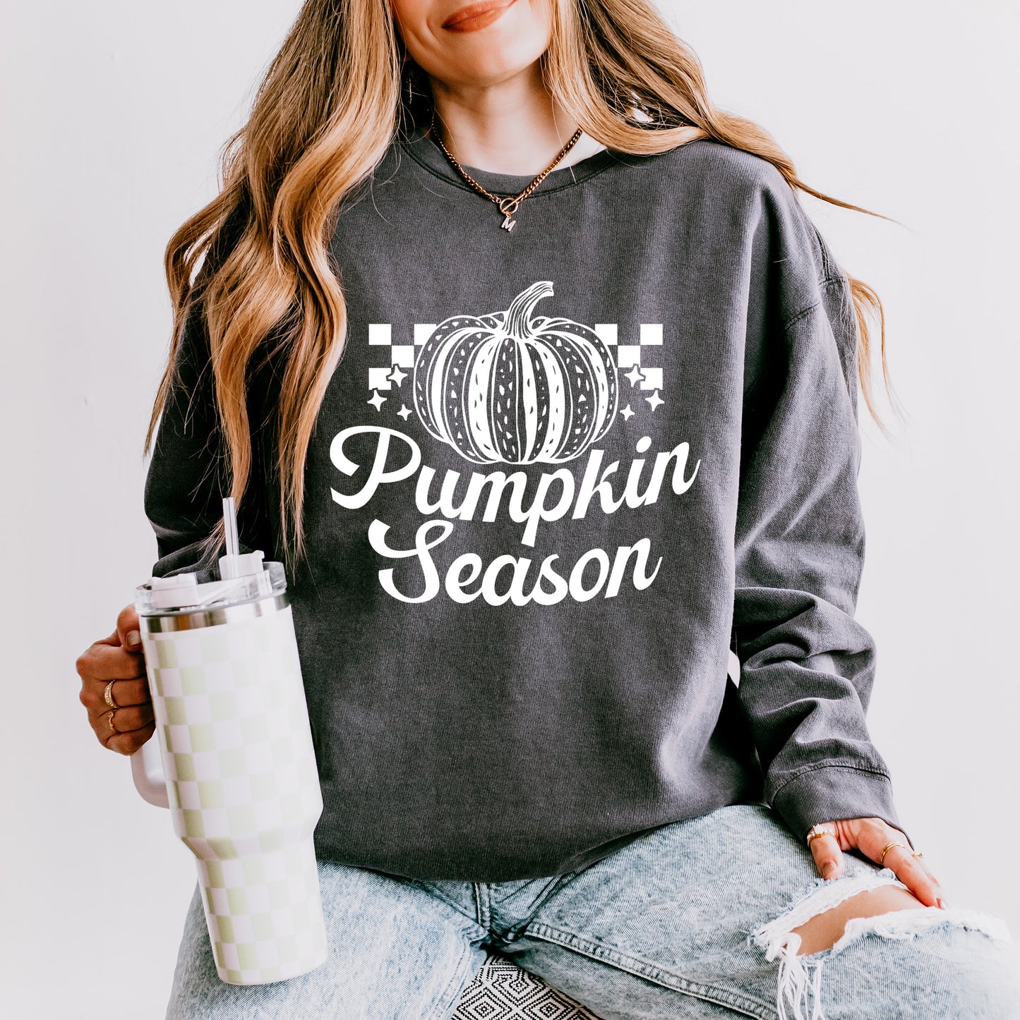 Checkered Pumpkin Season Cursive | Lightweight Garment Dyed Sweatshirt