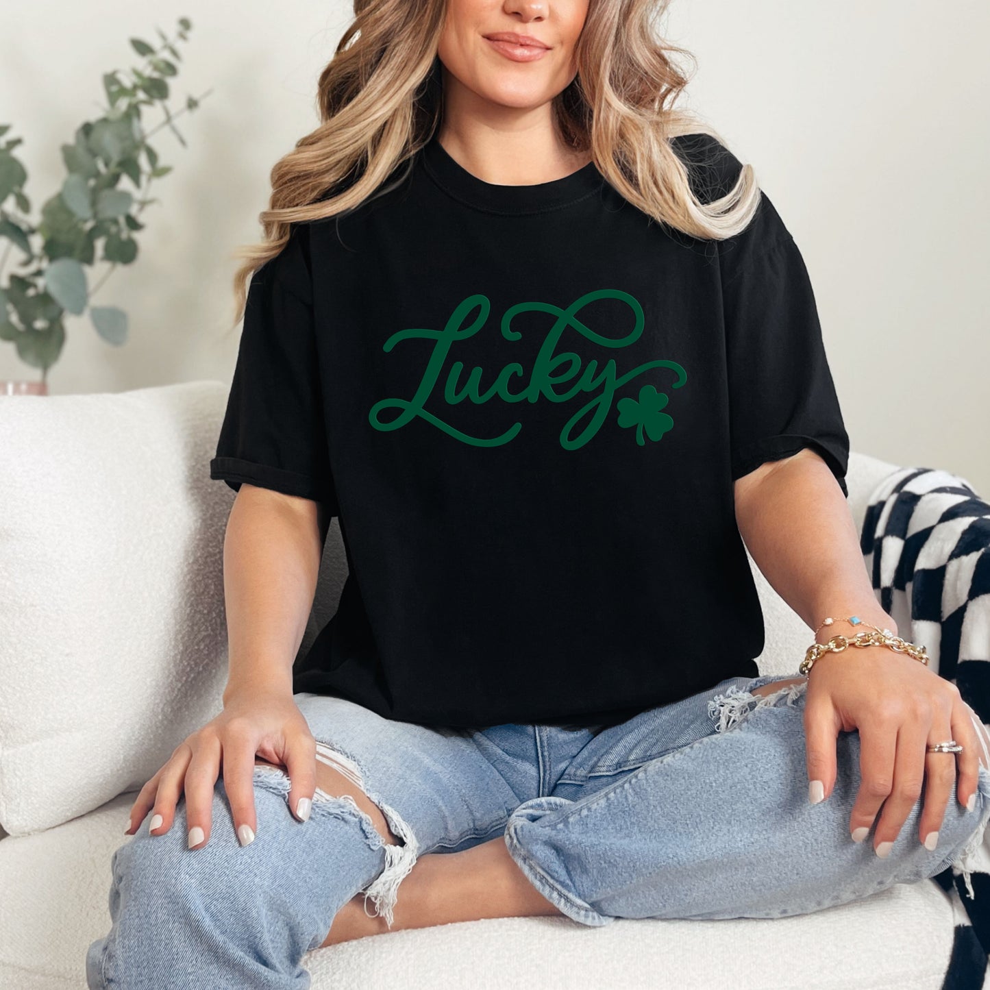 Cursive Lucky Clover Puff Print | Garment Dyed Tee