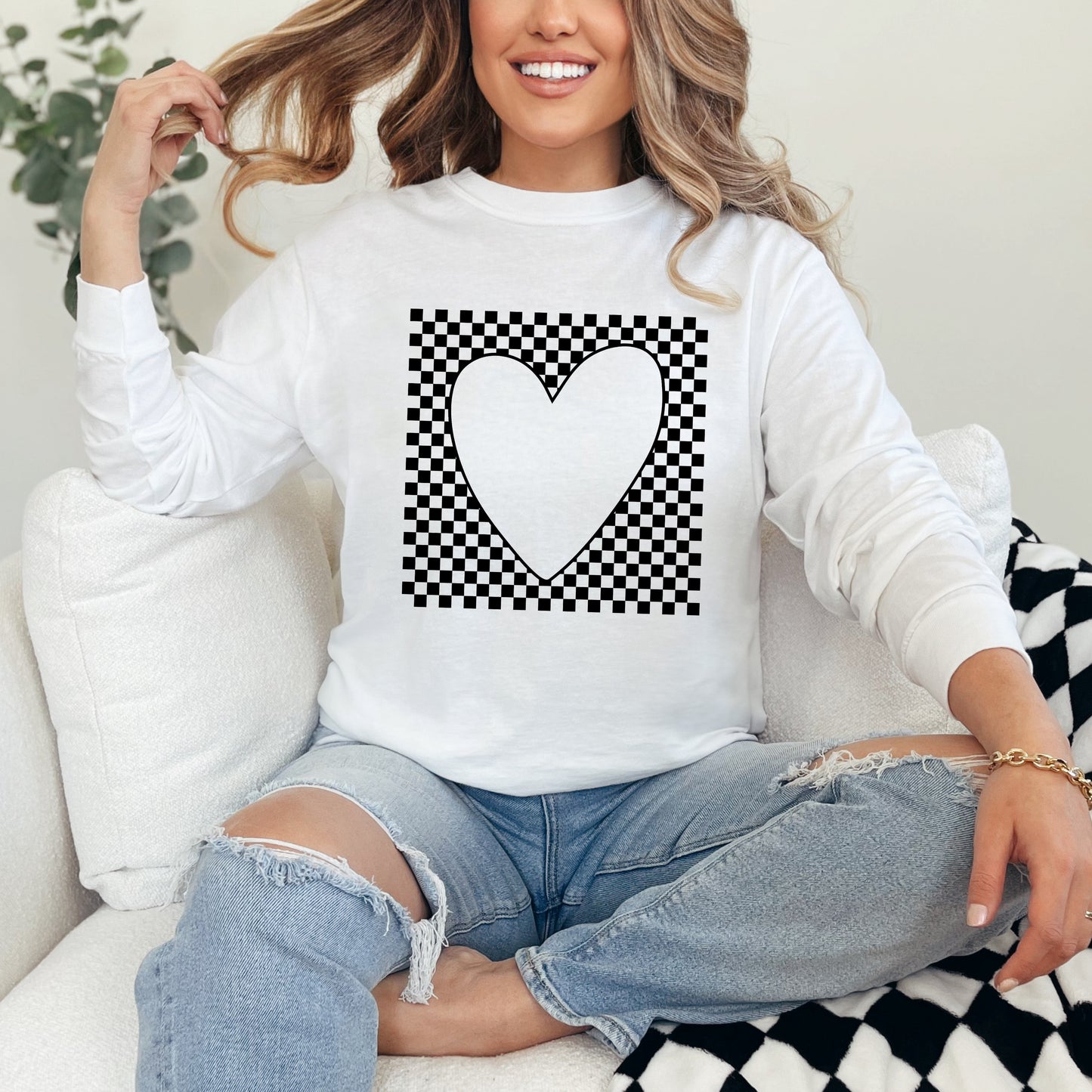 Checkered Heart Cut Out | Garment Dyed Long Sleeve