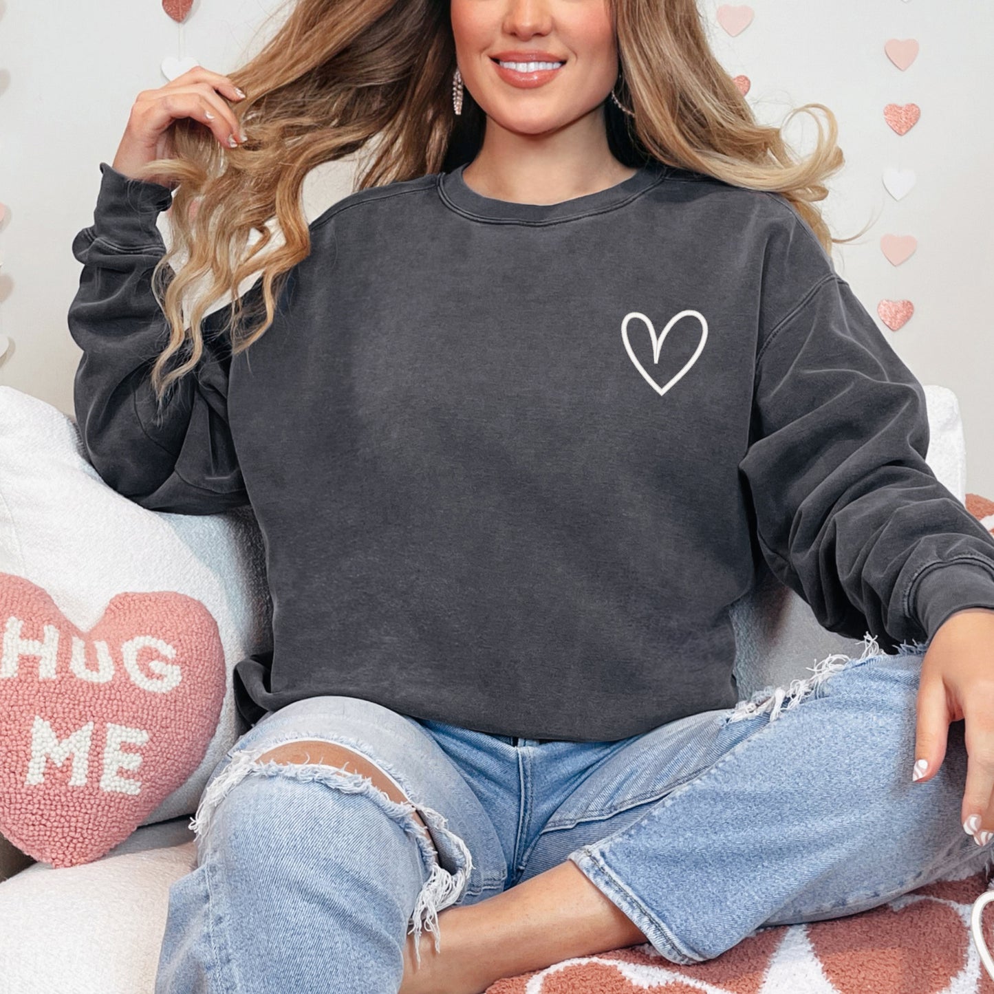 Embroidered Hand Drawn Heart | Garment Dyed Sweatshirt