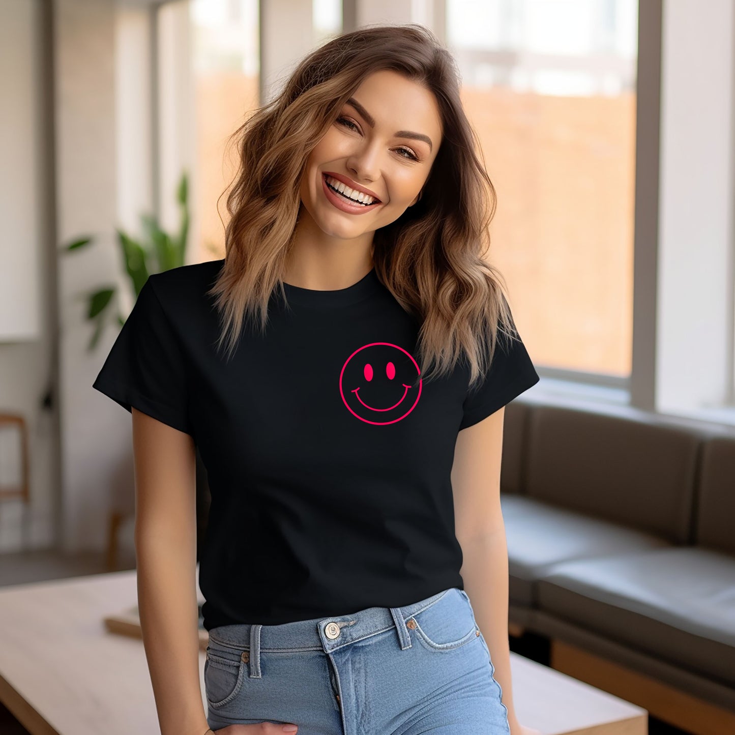 Smiley Face Outline Mini Puff Print | Short Sleeve Graphic Tee