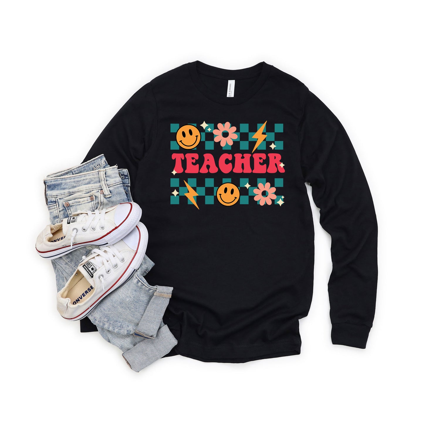 Retro Teacher Checkered | Long Sleeve Crew Neck