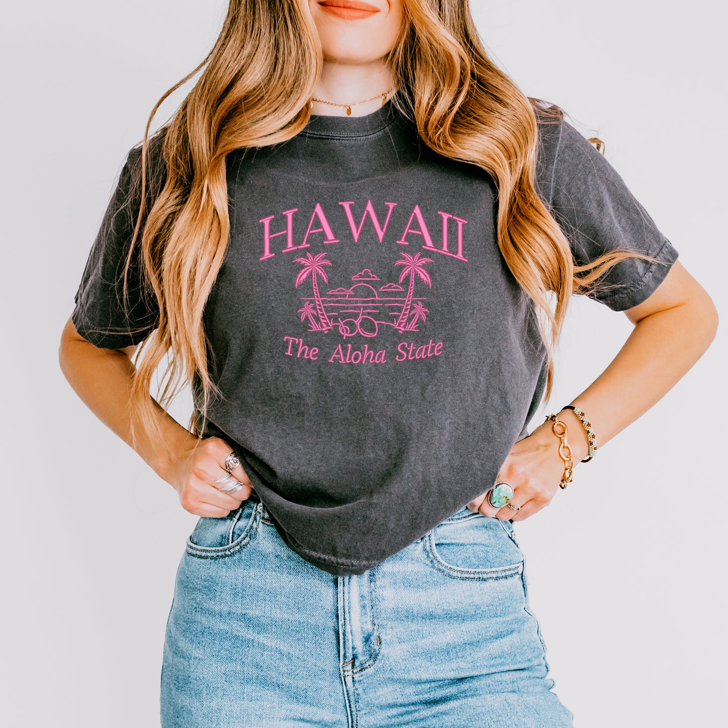 Embroidered Hawaii The Aloha State | Relaxed Fit Cropped Tee