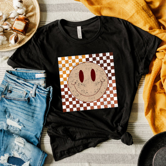 Fall Checkered Smiley | Short Sleeve Crew Neck