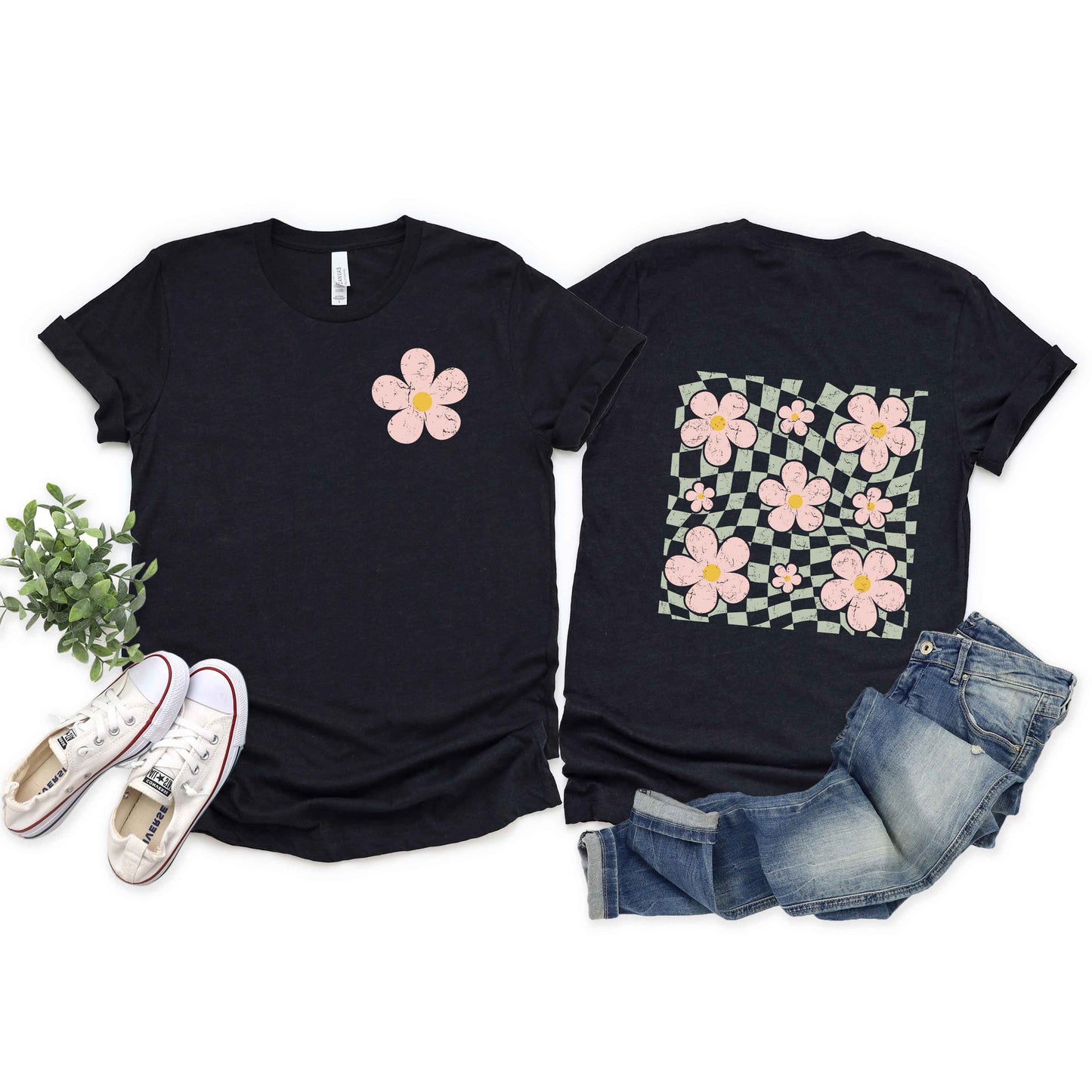 Wavy Checkered Flowers | Short Sleeve Crew Neck