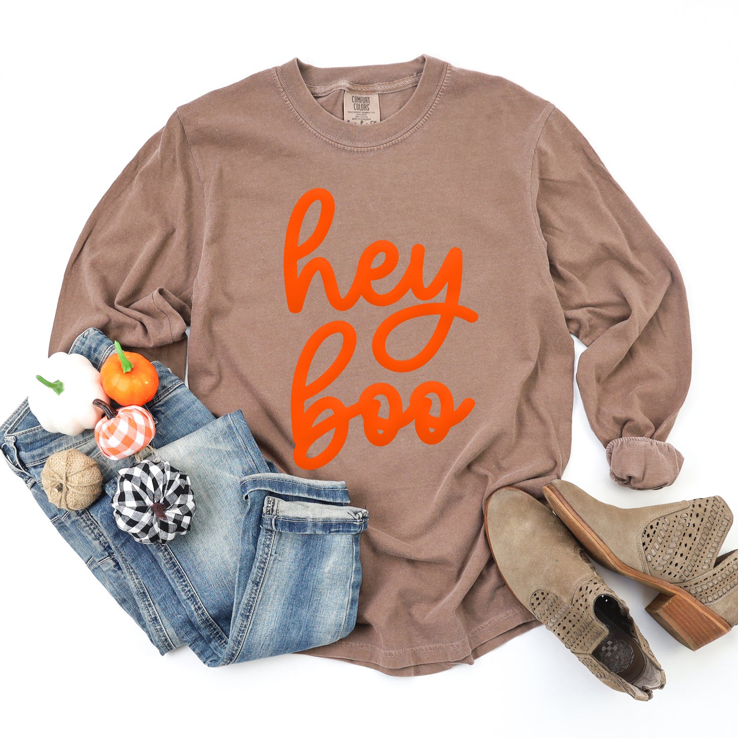 Hey Boo Cursive Puff Print | Garment Dyed Long Sleeve