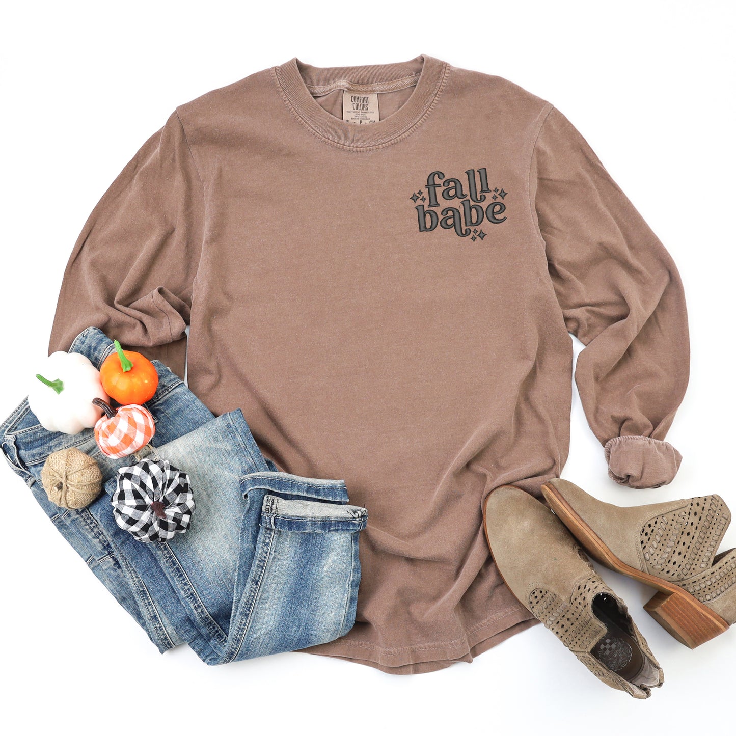 Embroidered Fall Babe Stars Mini | Garment Dyed Long Sleeve