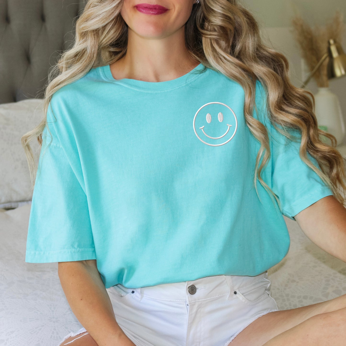 Embroidered Smiley Face Outline | Garment Dyed Short Sleeve Tee