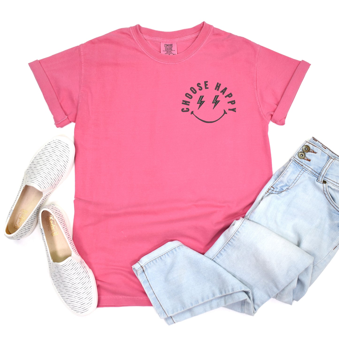 Embroidered Choose Happy Lightning Smiley Face | Garment Dyed Short Sleeve Tee