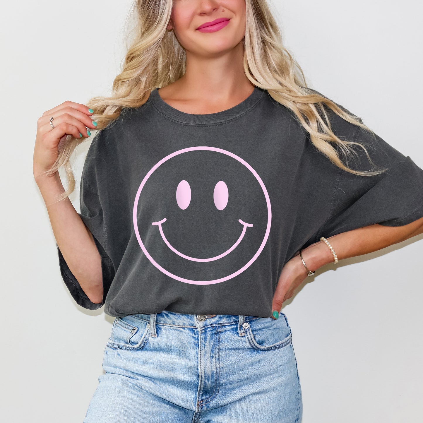 Smiley Face Outline Puff Print | Garment Dyed Short Sleeve Tee