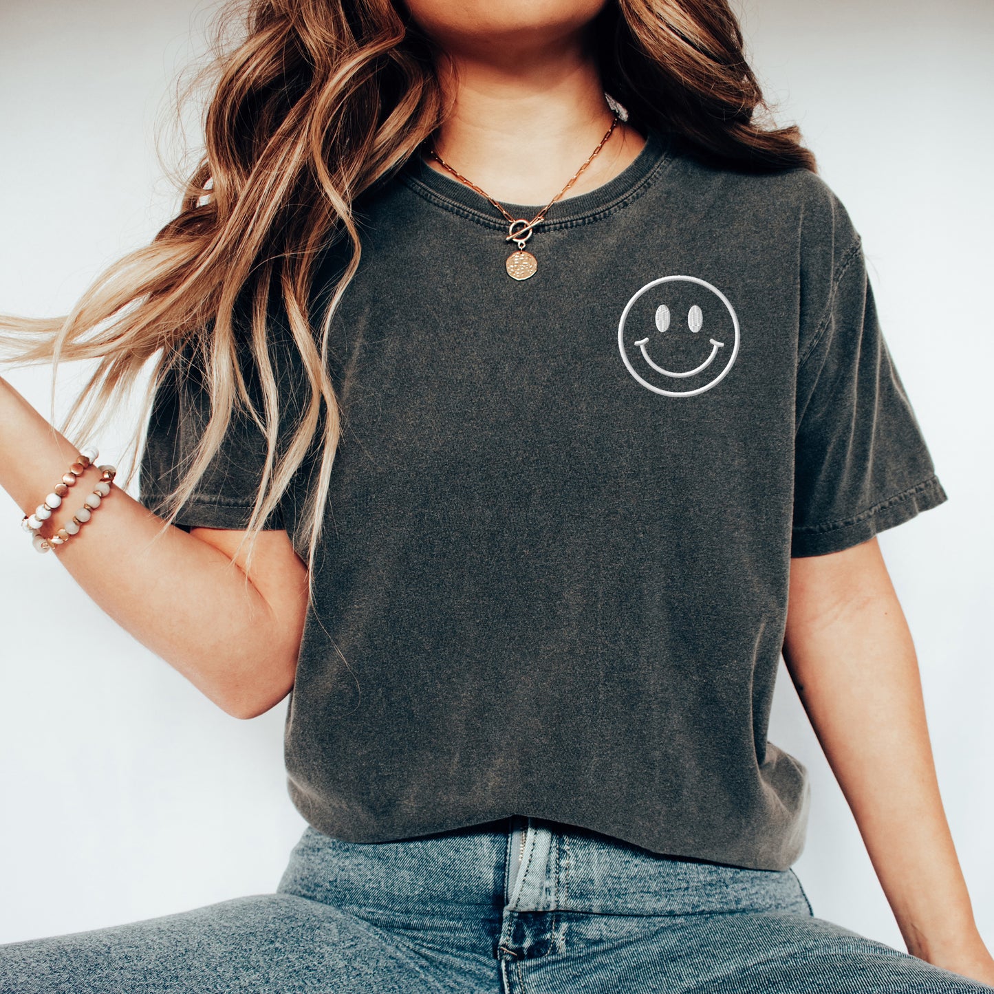 Embroidered Smiley Face Outline | Garment Dyed Short Sleeve Tee