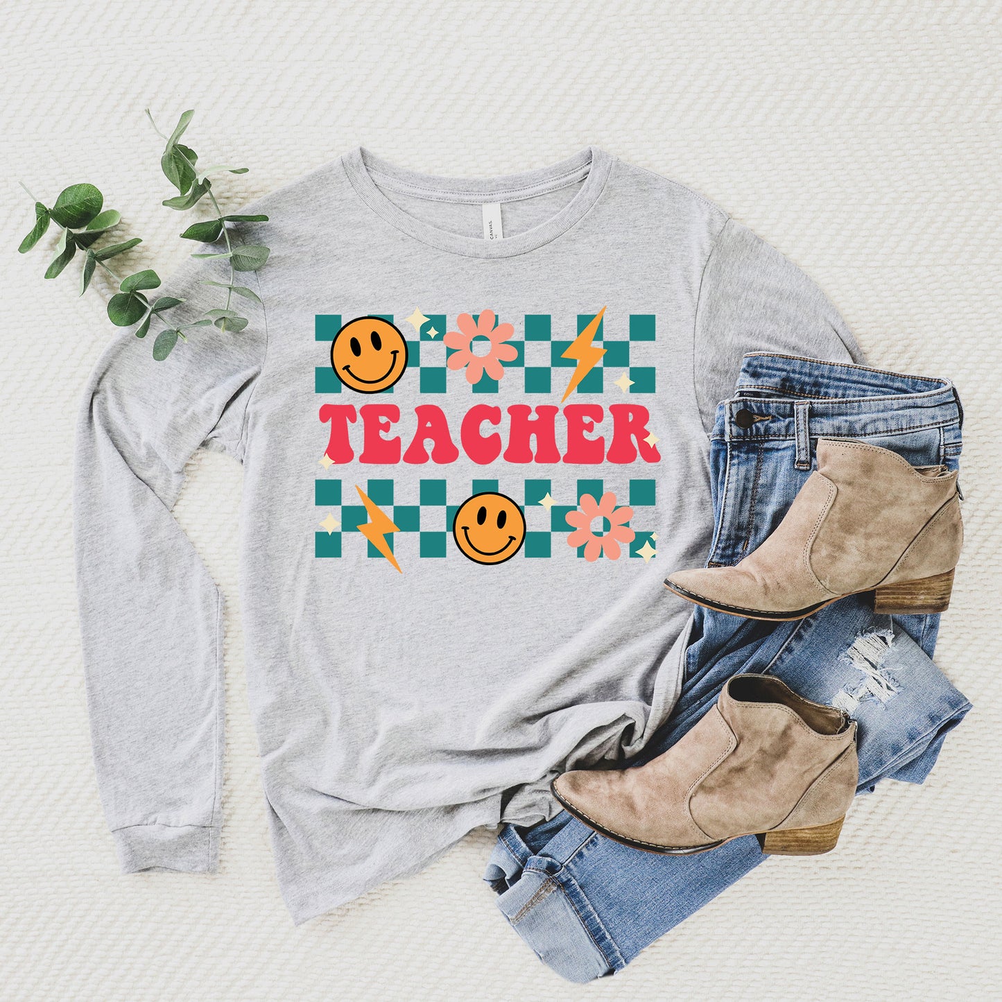 Retro Teacher Checkered | Long Sleeve Crew Neck