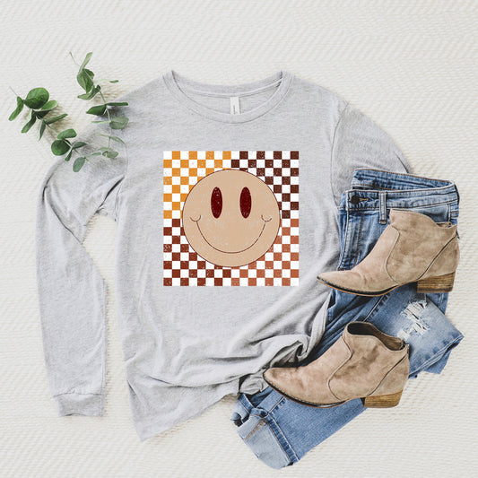 Fall Checkered Smiley | Long Sleeve Crew Neck