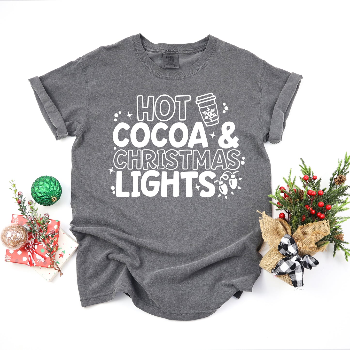 Hot Cocoa and Christmas Lights | Garment Dyed Tee