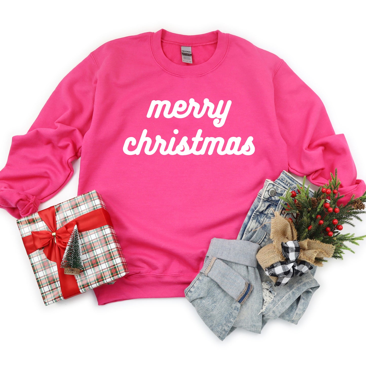 Merry Christmas Bold Cursive Words Puff Print |Sweatshirt