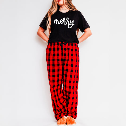 Merry Bold Cursive Puff Print | Plaid Pajama Set