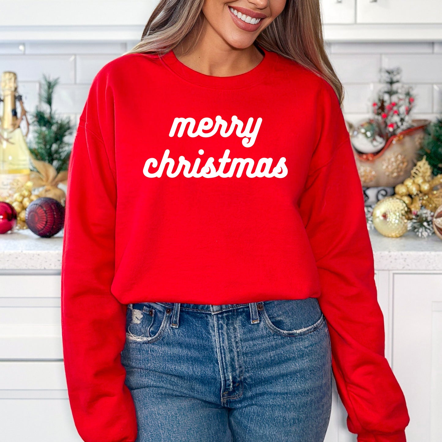 Merry Christmas Bold Cursive Words Puff Print |Sweatshirt