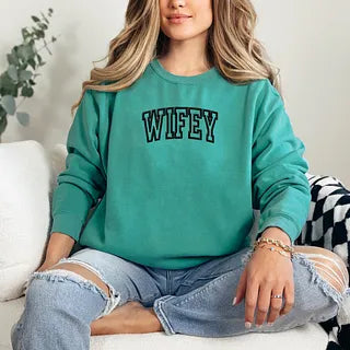 Embroidered Wifey Arched Varsity | Garment Dyed Sweatshirt