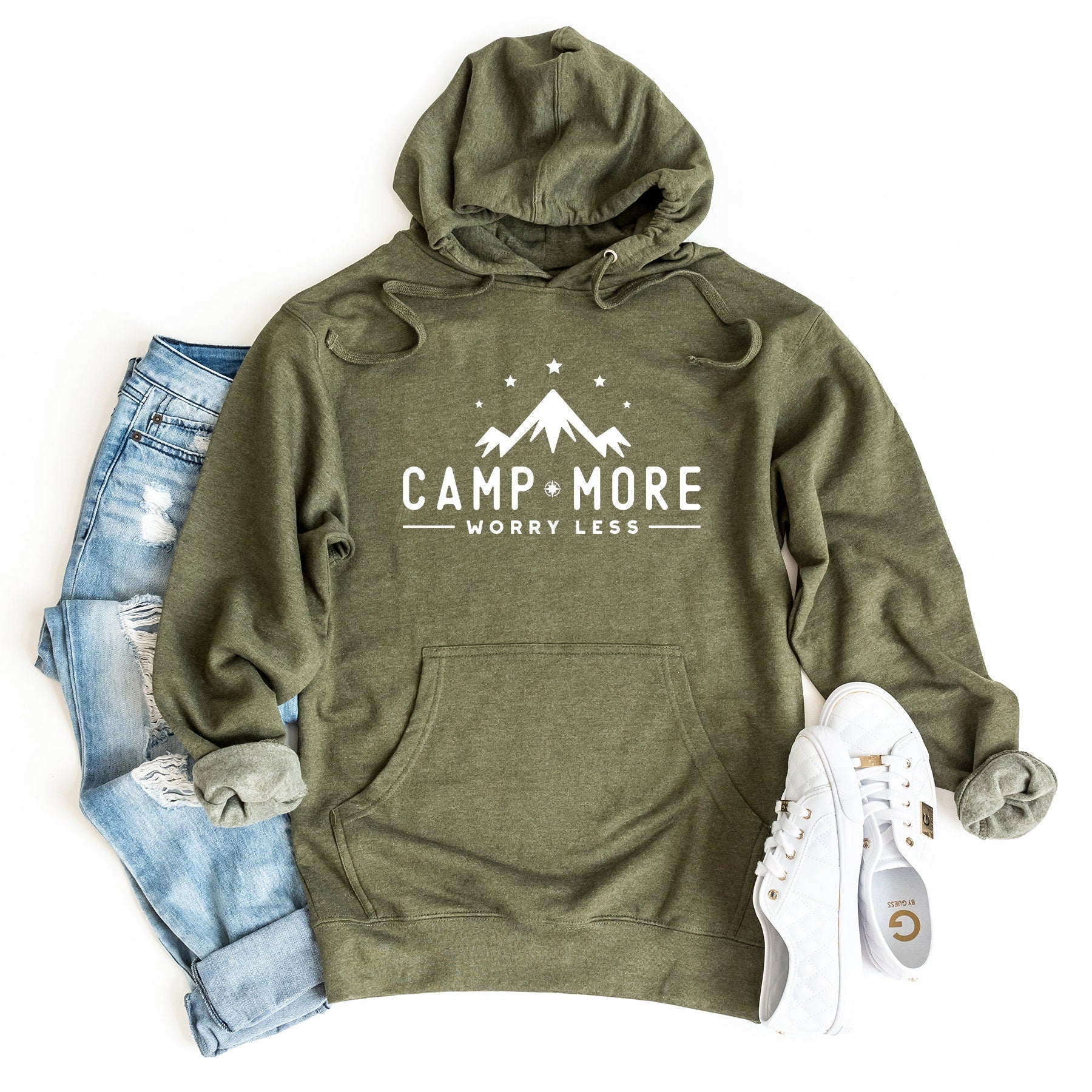 a green hoodie with the camp more logo on it