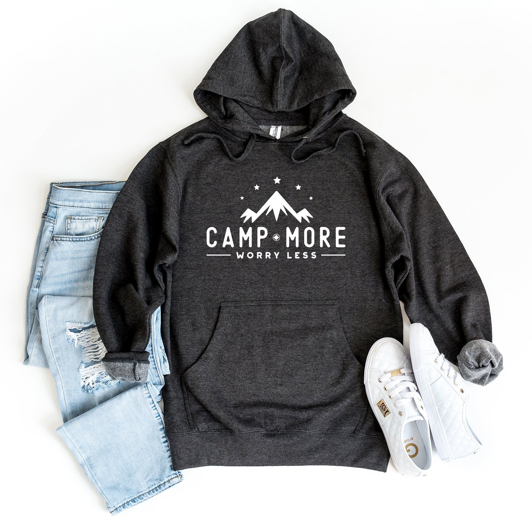 a black hoodie with the camp more logo on it