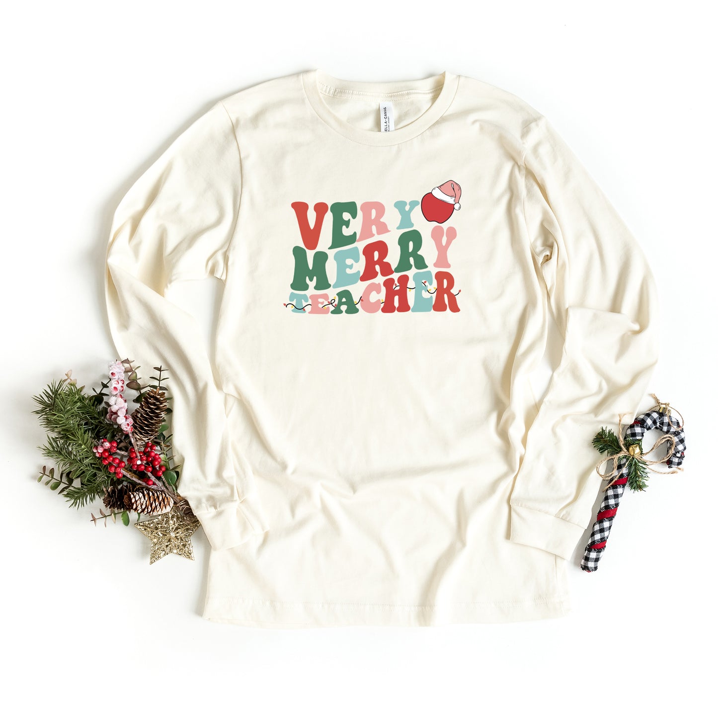 Very Merry Teacher Wavy | Long Sleeve Graphic Tee