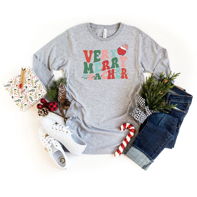 Very Merry Teacher Wavy | Long Sleeve Graphic Tee