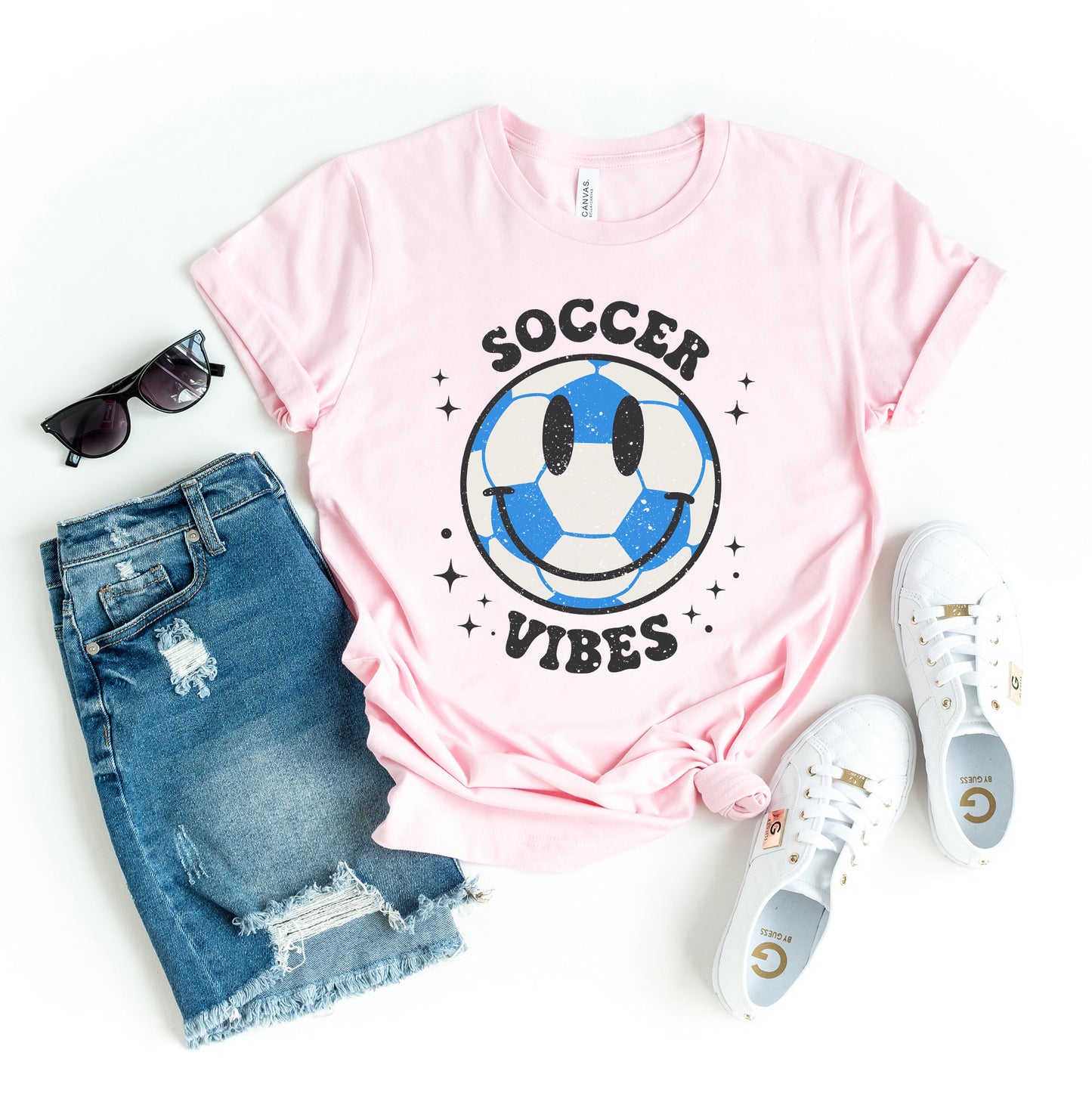 Vintage Blue Soccer Vibes Smiley Face | Short Sleeve Graphic Tee